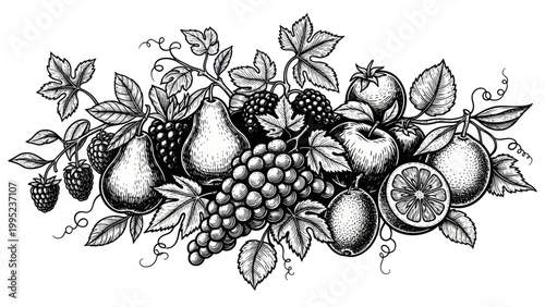 Vintage Engraving Style Fruit Arrangement with Grapes Pears and Citrus.