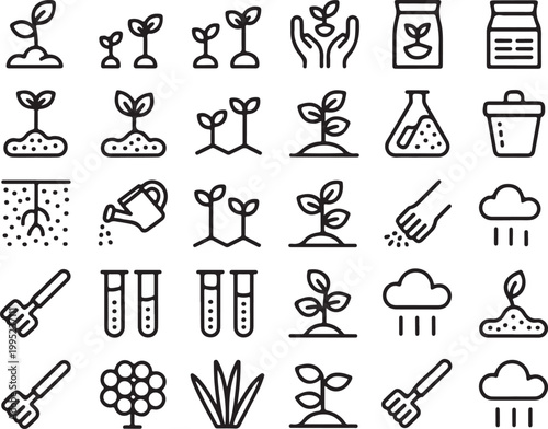 Agriculture and gardening line icon set featuring plant growth stages soil cultivation farming equipment and weather conditions.