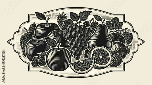 Vintage Fruit Assortment Engraving Style Illustration.