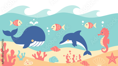 Whale Dolphin Seahorse Fish Coral Under The Sea.