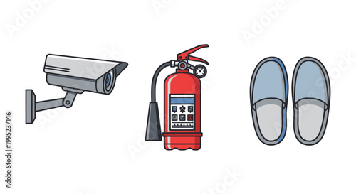 Set of home safety and comfort icons including security camera fire extinguisher and slippers