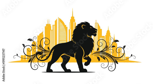 Majestic black lion silhouette with golden city skyline and decorative floral elements
