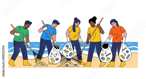 Diverse group of volunteers cleaning up trash on the beach illustration.