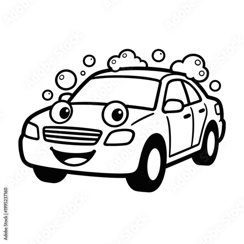 Cute cartoon car with happy face and bubbles.