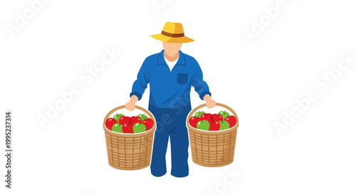 Farmer in straw hat carrying two baskets full of apples.