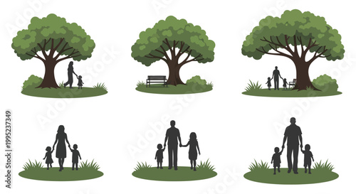 Family silhouettes under trees in a park