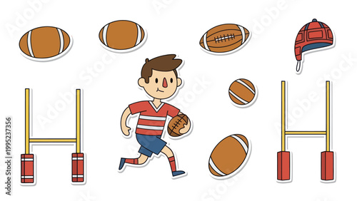 Young Boy Playing Rugby with Balls and Goalposts Cartoon Illustration.