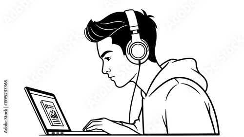 Young man with headphones focused on laptop screen.