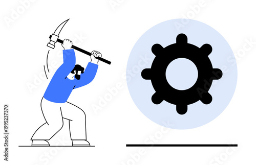 Productivity concept. Productivity illustrated through mining with a pickaxe and a gear symbol. Productivity driving efficiency, creativity, and technological advancement. For business, innovation