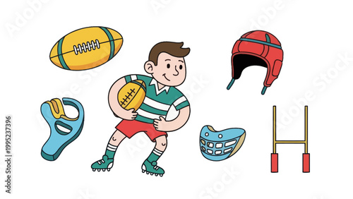 Young rugby player with ball and various rugby equipment.
