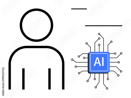 Artificial intelligence, human interaction, technology, machine learning, innovation, and data analysis. Human figure next to circuitry with AI chip. Artificial intelligence and technology