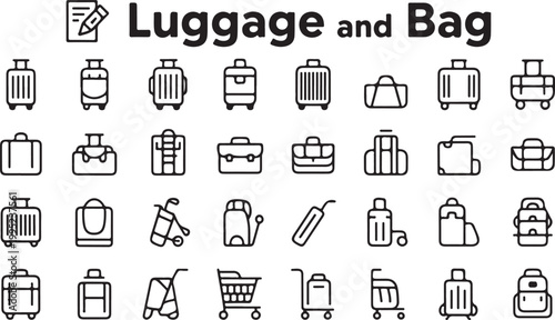 Collection of luggage and bag vector icons for travel, including suitcases, briefcases, and various types of baggage.