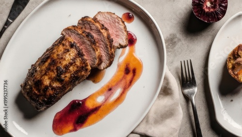 Gourmet sliced roasted pork tenderloin with vibrant orange and red sauce on a white plate.