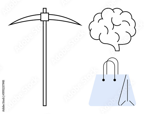 Data mining, creativity, decision-making, shopping, consumer behavior, commerce. Visual elements include a pickaxe, brain and shopping bag. Data mining and creativity concept