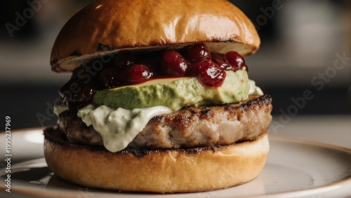 Gourmet Turkey Burger with Creamy Avocado and Cranberry Topping.