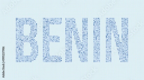 Benin dotted map animation. Digital style shape of the country. Benin shape and title dots appear with bulb flickering effect. Intro, outro, logo, title video.
