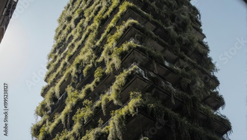 Green building with plants on the facade, a sustainable architectural design.