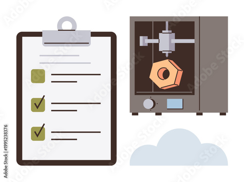 Technology, manufacturing, innovation, product creation, efficiency, prototyping. A checklist and a 3D printer creating an object. Manufacturing and innovation
