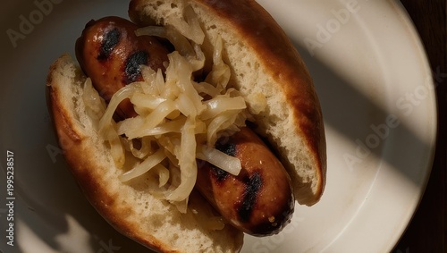 Grilled Bratwurst with Onions on a Bun - A Delicious Meal.