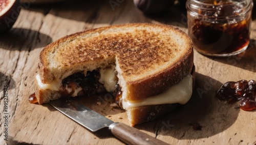 Grilled Cheese Sandwich with Fig Jam on Wooden Board.