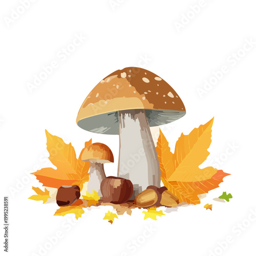 水彩画で描かれたきのことどんぐりのイラスト