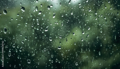 Rain Droplets on Glass Window with Blurred Green Background