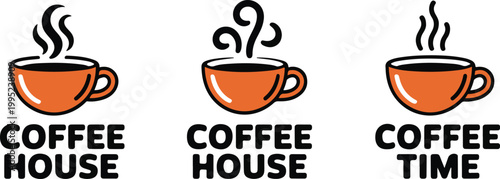 Three coffee house and coffee time logos with steaming cups and text, orange and black colors.