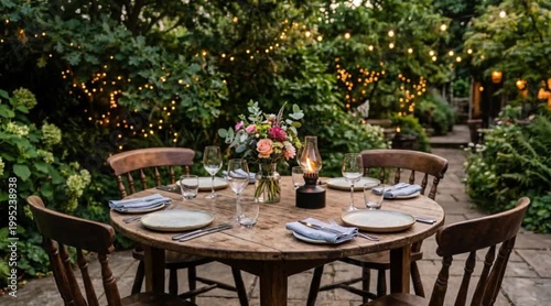 A rustic wooden table set for dinner in a garden. The table has plates, glasses, and a floral centerpiece. Soft lighting creates a warm atmosphere.