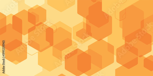 Orange hexagonal background with overlapping translucent geometric shapes creating depth and dynamic architectural pattern vector.