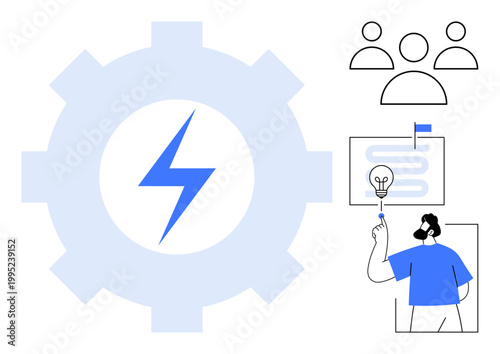 Innovation, teamwork, problem-solving, brainstorming, creative thinking, management, goal setting. Gear and lightning bolt people and ideas. Innovation and teamwork concepts for projects and goals