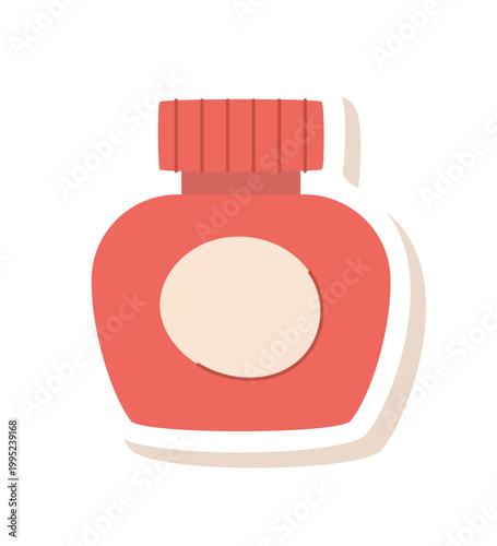 Cute cartoon ink bottle sticker art. Childish paint craft object for children and school stationery. Fun tool icon for creative diy hobby and study, red white color, modern flat paint art style