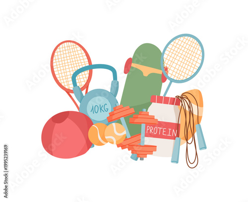 Cartoon sport equipment composition with flat ball and box on white background. Sport set with gift and donate concept as charity support idea for community people. Colorful icon for welfare poster