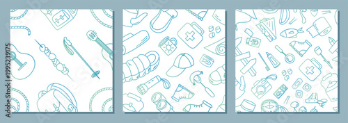 Seamless camping doodle line pattern collection with colorful camp equipment, compass, and backpack. Guitar and marshmallow add adventure to this hiking camping inspired collection.