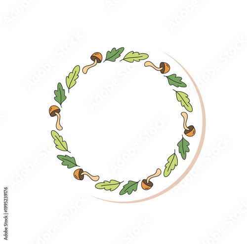 Colorful round frame label in adventure sketch style with doodle tree and forest details. Outdoor nature travel and camp vibe, perfect for hiking trip emblem or map accent.