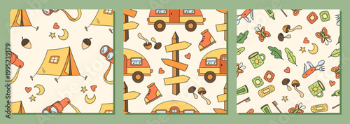 Seamless camping adventure pattern set with color doodle style. Camp, tent, backpack and map blend outdoor and hiking fun. Car pattern add travel adventure mood.