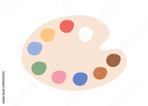 Cartoon palette with soft color paint. Cute painter tool as childish art supply. Simple artist palette doodle for school class and creative workshop, education or preschool hobby, flat white