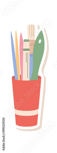 Cartoon cup with stationery label object. Cute white and red cup hold pencil, pen and brush as art tool. Childish artist supply for school craft study class, pastel color background, flat icon for