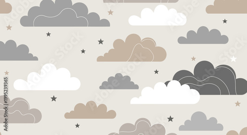 whimsical clouds and stars pattern in neutral tones for nursery or kids room decor