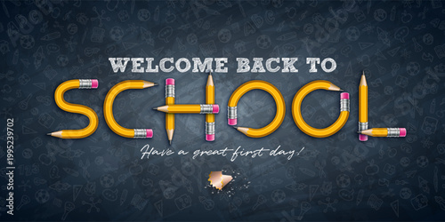 A colorful welcome back to school poster with creative typography and illustration of pencils and chalk on a blackboard background
