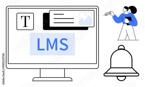 Online education, e-learning tools, digital training, distance learning, course management, knowledge sharing. LMS text on a computer screen, teacher icon notification bell. Online education