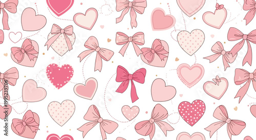 Valentine's Day heart pattern with pink bows and hearts on white background for love and romance