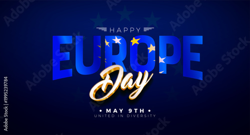 A vibrant typography design celebrating Europe Day on May 9th with a dark blue background and gold accents