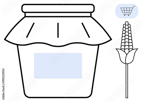 Organic farming, food packaging, online shopping, agriculture, grocery products, sustainable living. Glass jar with blank label, corn plant and shopping cart icon. Organic farming and food packaging