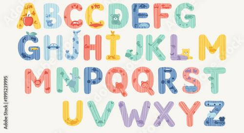 Colorful alphabet letters with cute animals and objects for kids education