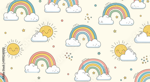 Colorful cartoon rainbows and smiling suns with clouds and stars on cream background
