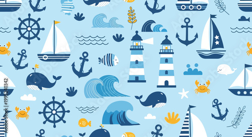 Nautical seamless pattern with various marine elements on light blue background