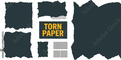 Torn paper pieces with transparent background, dark grey shapes and light grey rectangles, grunge paper scraps for collage elements.