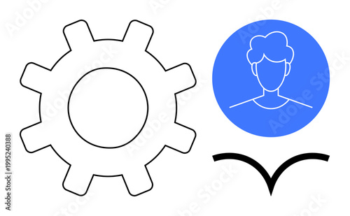 Technology, workflow, user interface, management, processes, connection. A gear, user profile icon and curved line suggest integration and collaboration. Technology and workflow