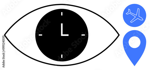 Travel, time management, navigation, scheduling, tourism, global communication. Black eye with clock surrounded by airplane and location pin icon. Travel and time management visual