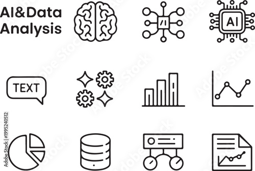 Artificial intelligence and data analysis icons including brain, chip, gears, charts, database, and document.